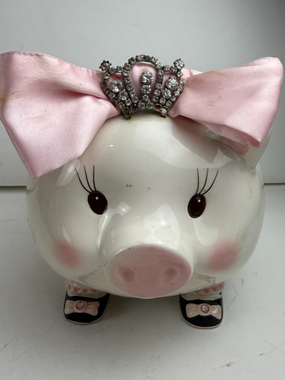 Mud Pie Always the Princess Piggy Bank Ceramic Tiara Pink Bow Rhinestones 7"